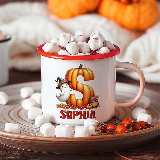 Personalized Halloween Enamel Mug with Ghost Pumpkin Initial, 12oz Custom Name on Ghost Coffee Mugs, Halloween Party Gift for Family