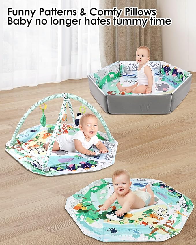 dearlomum 4-in-1 Tummy Time Mat,Baby Activity Play Mat,Newborn Play Baby Mats for Floor with 6 Infant Learning Sensory Baby Toys, Toddler Motor Skill Development,Babies Ball Pit with 18 Ocean Balls