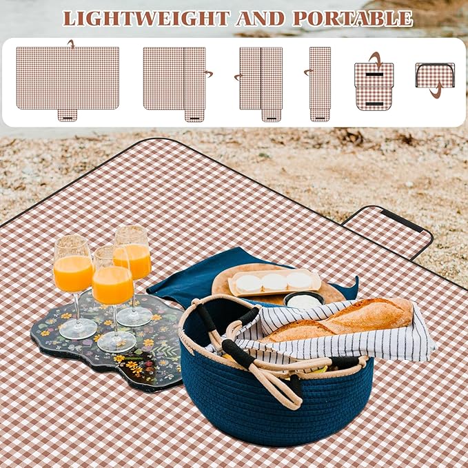Picnic Blanket Waterproof Beach Rug 80''x80'' Picnic Mat Washable Lightweight with Handle Coffee Checkered for Hiking Travelling Outdoor Camping,Parks