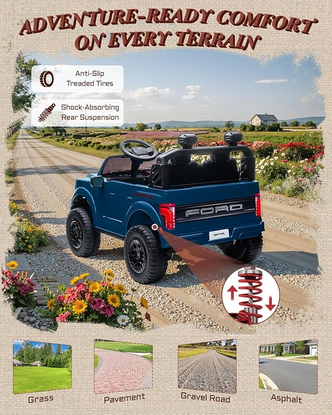 Licensed Ford F-150 Raptor 2 Seater Ride on Car for Kids, 24 Volt Ride on Toys for Boys w/Remote Control, Kids Electric Car w/LED Lights, Bluetooth, Truck Bed Storage, Soft Start (Blue)