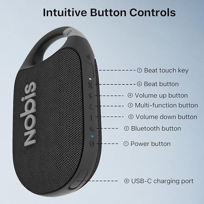 NOBIS Clip N1 Portable Bluetooth Speaker with App, Beat Mode, Up to 24H Playtime, IP68 Waterproof, BT 5.3, HD Sound, Stereo Pairing, Custom EQ, Perfect for Outdoor, Home and Adventure (Black)