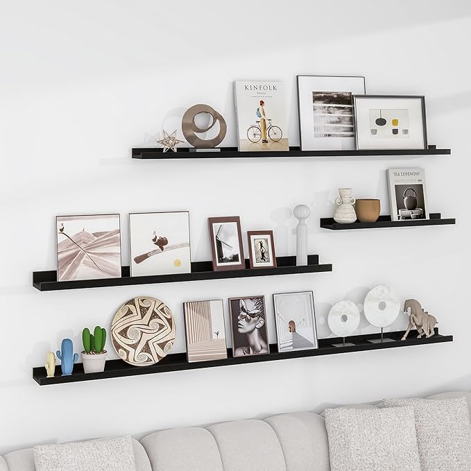 Solid Ash Wood Picture Ledge Shelf, Floating Shelves Set of 2, 56 Inch Long Large Ledge Shelves, Nursery Book Shelves Wall Mounted for Living Room Bedroom Kitchen Decor Kids Bookshelf, Black