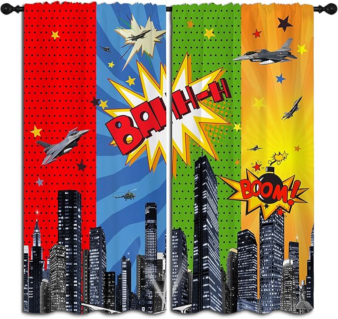 Superhero Rod Pocket Blackout Curtains for Boy Girl Bedroom, City War Explosion Comics Art Home Energy Efficient Light Filtering Window Curtain for Living Room, 84x84 inch