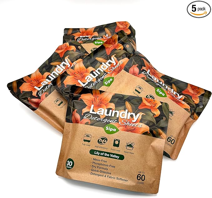 Pack of 5 SIPA Laundry Detergent Sheets Bag - 30 Sheets, Up to 60 Loads, Lily of the Valley Scent, Phosphorus-Free, High Efficiency, (30 Count (Pack of 5))