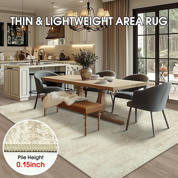 Washable Rug 6x9 Area Rugs, Abstract Large Living Room Rugs with Non-Slip Backing, Thin Carpet for Dorm Dining Room Table Nursery Indoor Home Office -Beige