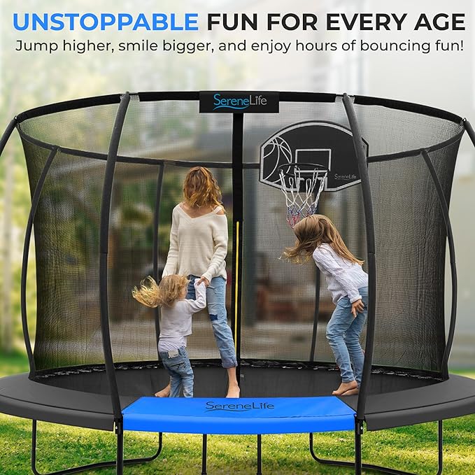 SereneLife 8FT 10FT 12FT 14FT Outdoor Trampoline for Kids - Recreational Backyard Trampoline with Curved Safety Poles and Net Enclosure- ASTM Approval for Kids Adults