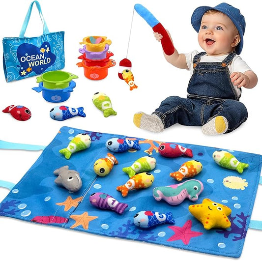 Montessori Toys for 1 Year Old, Cloth Fishing Game for Baby 12 Months with Stacking Cups, Number Counting, Color Sorting, Shape Learning