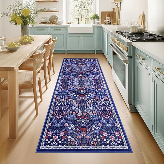 Runner Rug for Entryway: 2x10 Kitchen Rugs Non Slip Washable Ultra-Thin Soft Floral Carpet Indoor Floor Stain Resistant Carpets for Hallway Bedroom Kitchen Laundry Bathroom Dorm Blue