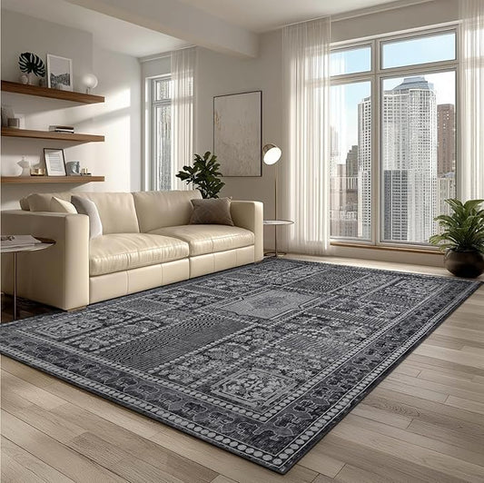 4x6 Washable Area Rug for Living Room, Carpet for Bedroom, Soft Faux Wool Retro Dining Room Rug, Non Slip&Non-Shedding Resistant Low Pile Vintage Print Rug for Home Office (Grey)