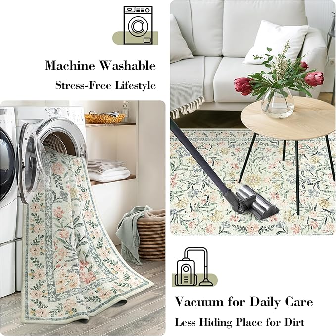 Wonnitar Floral Round Rugs 6ft, Boho Large Machine Washable Circle Rug, Low Pile Soft Flower Botanical Print Beige Round Carpet for Living Room Bedroom Dorm Sunroom