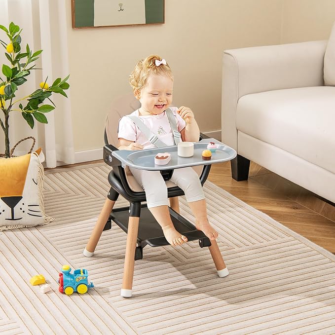BABY JOY Baby High Chair, 6 in 1 Convertible Wooden High Chair for Babies & Toddlers with Adjustable Legs, Double Removable Tray, Safety Harness & Waterproof PU Cushion (Coffee)