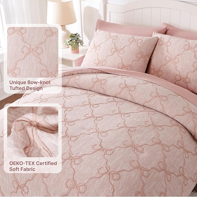 Queen Comforter Set with Sheets for Girls-7 Pieces Queen Bedding Sets with Pink Comforter, Sheets, Pillowcases & Shams for Kids (Pink Diamond, 90" X 90")