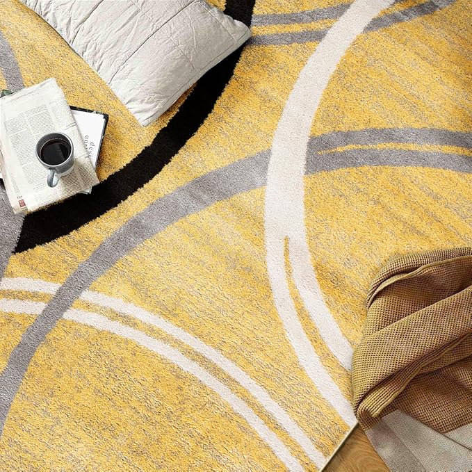 Rugshop Modern Wavy Circles Design Round Rug 6' 6" (6' 6" Diameter) Yellow