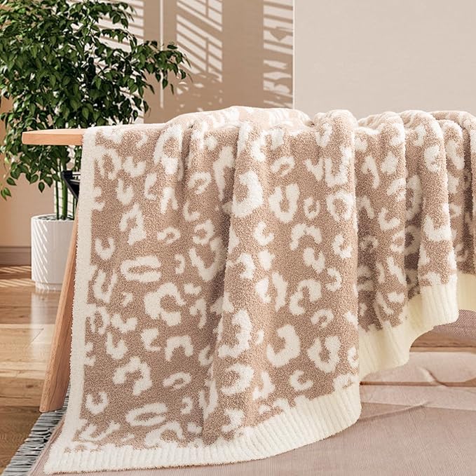 NEXHOME PRO Leopard Soft Blanket, Fuzzy Throw Blanket for Couch Bed Sofa Picnic, Knit Blankets for Women Gifts Beige 50 x 60 inches