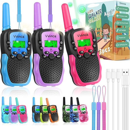 Vvinca Walkie Talkies for Kids Rechargeable 3 Pack, Toys for Boys Girls Age 3-13 Ourdoor Camping Birthday Gift, 3KM Long Range Walkie-Talkie 2 Way Radios 22 CH VOX with Li-ion Battery Flashlight