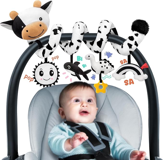 Spiral Car Seat Baby Toys 0-6 Months, Infant Carseat High Contrast Sensory Toys Hanging Stroller Accessories, Newborn Gifts for Baby Boys Girls Essentials, Cute Black and White Cow