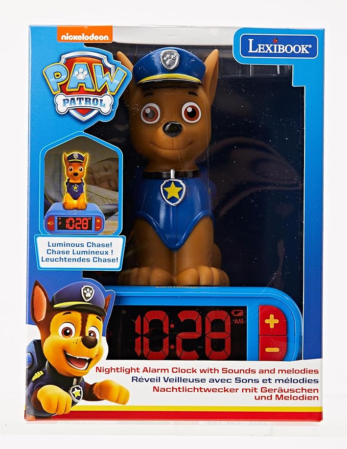 LEXiBOOK - Paw Patrol Chase Digital Alarm Clock with Night Light - Snooze Function - Dog Sound Effects - for Children/Kids - Luminous Clock with Chase, Blue/Red - RL800PA