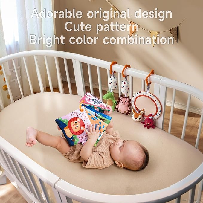 TUMAMA Car Seat Toys 3 6 9 12 Months, Plush Animal Rattle Mirror Soft Crinkle Book Baby Enlightenment Toy Set, Newborn Crib Stroller Play Gym Hanging Toys