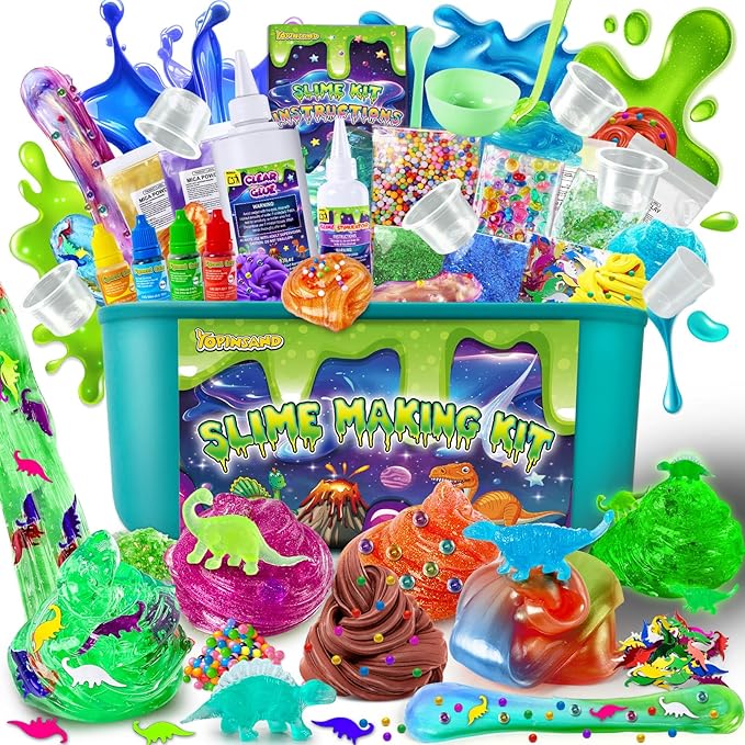 Dinosaur Slime Kit for Girls, Glimmer Crunchy, Galaxy Slime Making Kit for Kids 6-12, Glow in The Dark DIY Slime Kit with Add-ins, Foam Balls, Charms, Glitters, Dinosaur Gift Toys