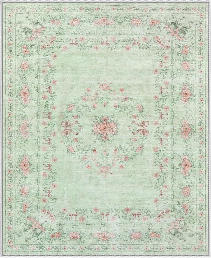 Wonnitar Green Area Rug for Living Room, Floral Bow 8x10 Washable Rug, Ultra-Thin Non Shedding Soft Boho Carpet for Bedroom Dining Room Playroom Dorm, Light Green
