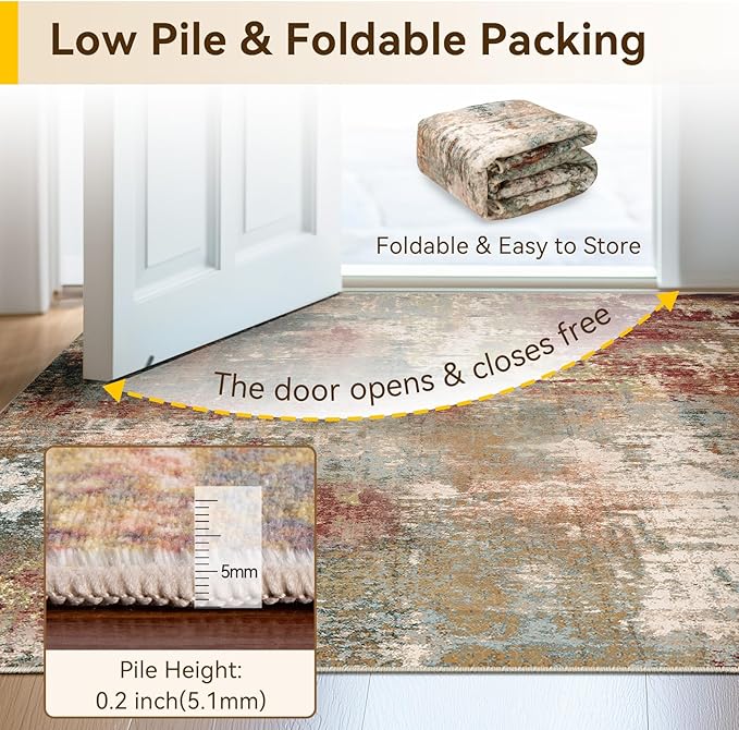 Washable Area Rugs 3'x5' Non-Slip Modern Abstract Soft for Living Room Entryway Bedroom Nursery, Print Pattern, Brown Rust Red Multi