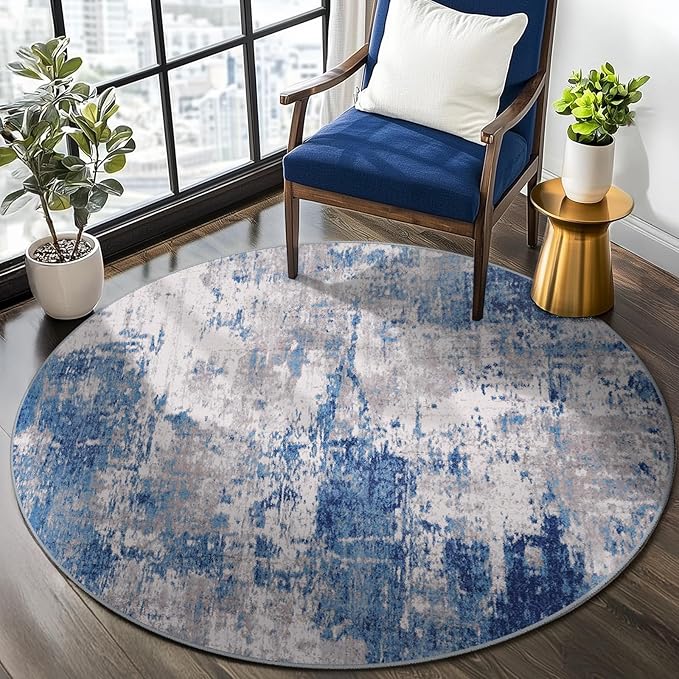 Washable Area Rugs 8ft Non-Slip Modern Abstract Soft for Living Room Entryway Bedroom Nursery, Print Pattern, Blue Grey Navy Gray