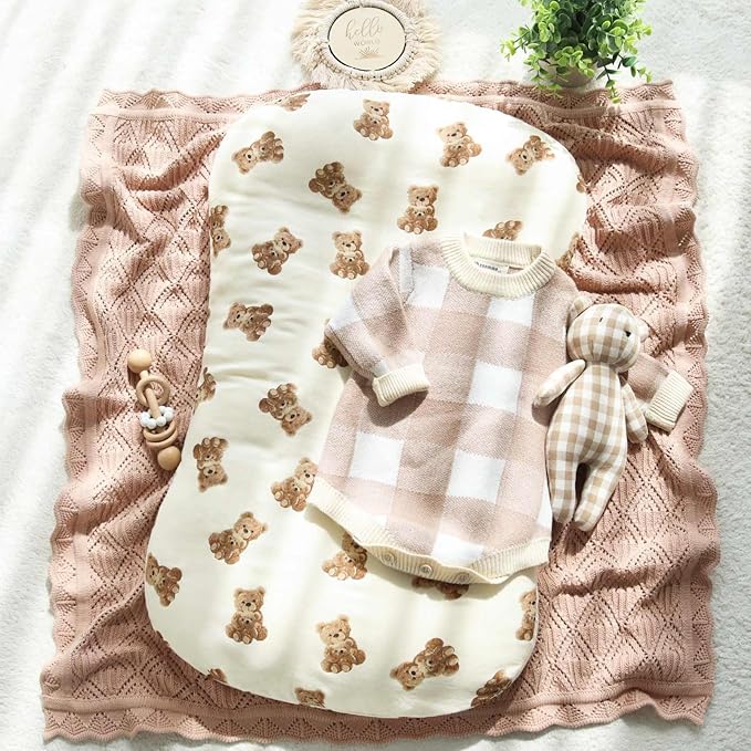 LifeTree Muslin Baby Lounger Cover, Newborn Slipcover Lounger Cover for Boys Girls Infant, Soft 70% Viscose from Bamboo and 30% Cotton, Cover Only, Bear Pattern, 30.7in x 20in