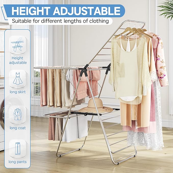 APEXCHASER Clothes Drying Rack with 4 Wings, Stainless Steel Drying Rack Clothing with Height-Adjustable, Foldable Gullwings Laundry Drying Rack, Indoor Outdoor Use, No Assembly, Black