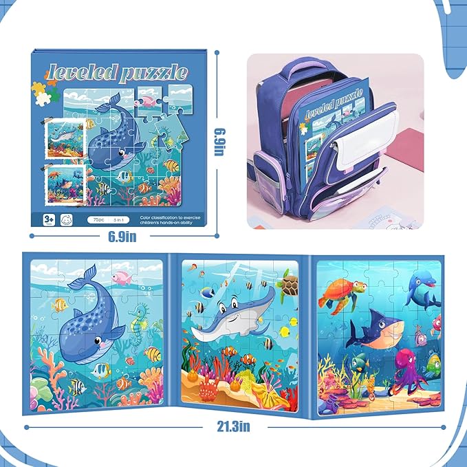 Magnetic Puzzles for Toddlers 3-5 , 75-Pieces Travel Toys , Sea Puzzles Ages 4-6, Educational Learning Magnets, Road Car Trip & Airplane Activities Toys for 3 4 5 6 7 Girls Boys Gift