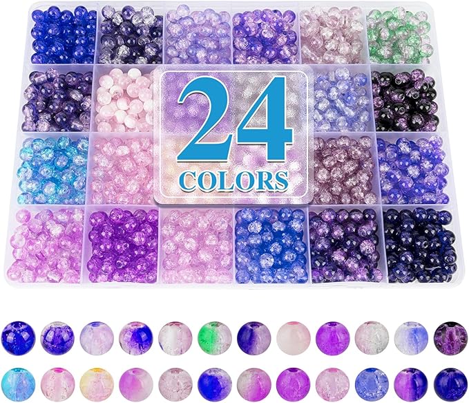 About 1200PCS 6mm Crack Glass Beads,24 Assorted Crack Violet Purple Series Colorful Crystal Beads for Bracelet and Jewelry Making and DIY Crafts,Friendship Bracelets