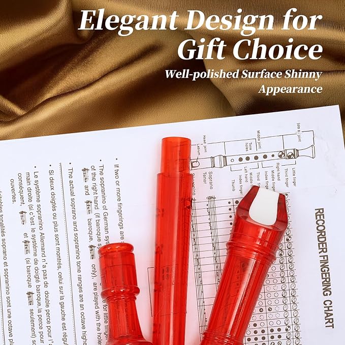 Descant Soprano Music Recorder Instrument For Kids Flute Kids Recorder With Cleaning Rod + Case Bag (Crystal red)