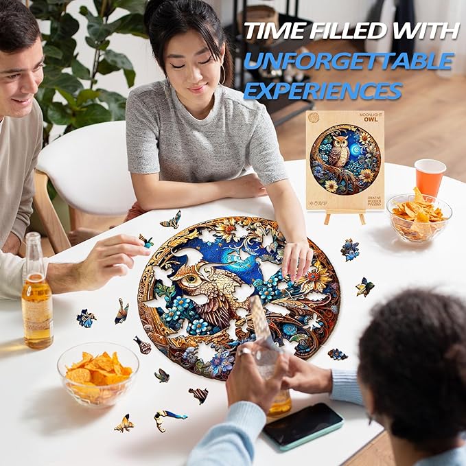 masseruon Wooden Puzzles for Adults-Moonlight Owl, Unique Shaped Jigsaw Puzzles for Adult(M, 190pieces, 11.4x11.4in), Beautiful Animal Shaped Wood Puzzles, Christmas Family Game Birthday Gift