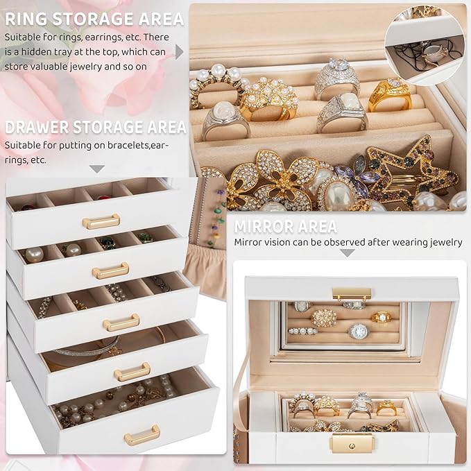 AKOZLIN 6-Tier Jewelry Box Lockable Leather Jewelry Storage Case with 5 Drawers for Women Girls Ring Necklace Earring Bracelet Holder Organizer with Mirror