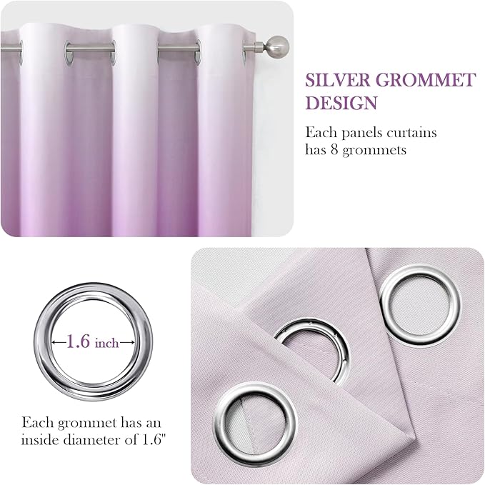HOMEIDEAS Purple Ombre Blackout Curtains 52 X 96 Inch Length Gradient Room Darkening Thermal Insulated Energy Saving Grommet 2 Panels Window Drapes for Living Room/Bedroom