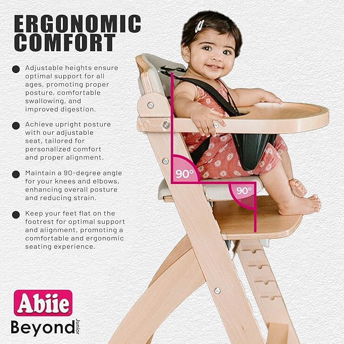 Abiie Beyond Junior Wooden High Chair with Tray - Adjustable and Convertible High Chair for Babies and Toddlers - 6 Months to 250 Lb - Water Resistant - Natural Wood/Raspberry Cushion