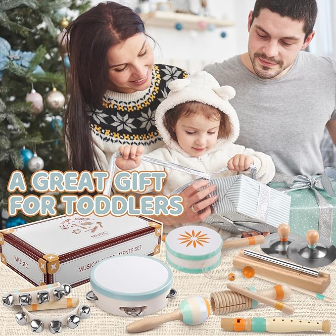 Baby Musical Instruments - Montessori Musical Toys for Toddlers 1-3, Wooden Percussion Instruments Set, Neutral Colors Modern Boho Music Toys for 1 Year Old, Kids Preschool Educational Birthday Gifts