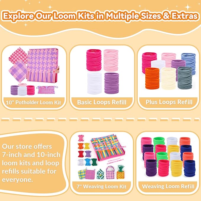 PREBOX 10’’ Potholder Weaving Loom Kit Refill Loops, DIY Crafts Supplies for Kids & Beginners, 112 Colorful Loops to Make 2 Large Pot Holders