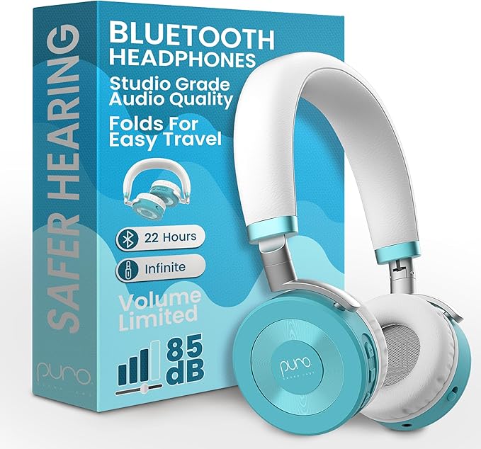 Puro Sound Labs JuniorJam Plus Volume-Limiting Wireless Bluetooth Headphones for Kids, Secure Audio with Adjustable On-Ear Design, 22-Hour Battery, Ideal for Tablets, Smartphones & PCs - Teal