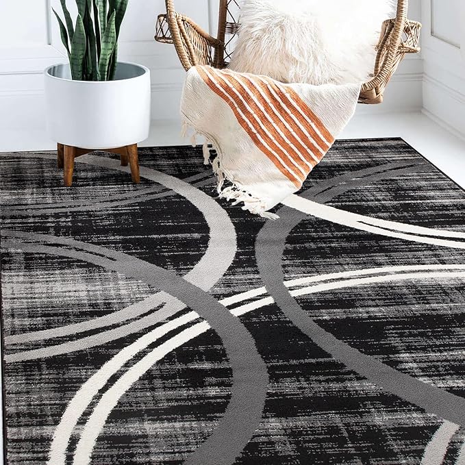 Rugshop Modern Wavy Circles Design Area Rug 6'6" x 9' Black