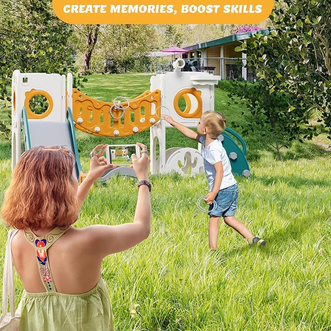 KORIMEFA 10 in 1 Toddler Slide Set, Kids Slide for Toddlers, Outdoor Indoor Playground for Toddlers 1-3, Toddler PlaySet with Basketball Hoop and Ball Golf Set, Climbing Arch(Yellow & Green)