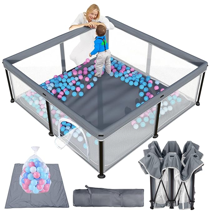 TOREVSIOR Foldable Baby Playpen with Mat, 50"×50" Collapsible Play Pen for Babies and Toddlers, Indoor & Outdoor Kids Safety Play Pen, Portable Play Yard, Foldable Baby Playpen with 50 Ocean Balls