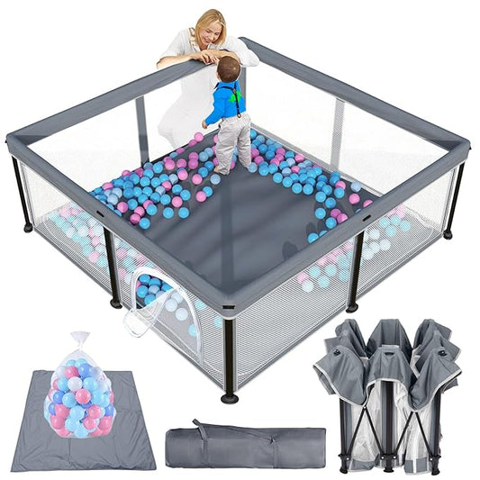 TOREVSIOR Foldable Baby Playpen with Mat, 50"×50" Collapsible Play Pen for Babies and Toddlers, Indoor & Outdoor Kids Safety Play Pen, Portable Play Yard, Foldable Baby Playpen with 50 Ocean Balls