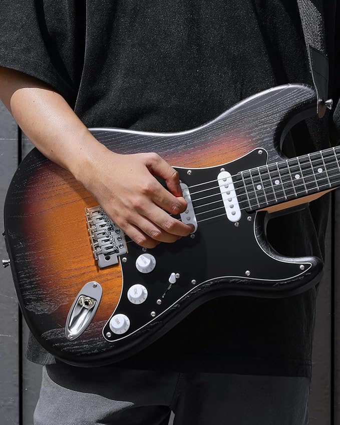 DONNER DST-80 Electric Guitar 39” Beginner Electric Guitar Kit with Amp, Classic SSS Pickup Complete with Gig Bag, Tuner, Capo, Strap, Picks, and Free Online Lessons, Red Tea Burst