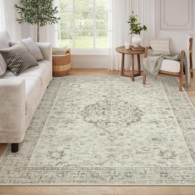 LIVEBOX Washable Area Rug 8x10 Rugs for Living Room Bedroom, Non-Slip Boho Indoor Carpet for Dining Room Office, Low-Pile Farmhouse Soft Carpets for Kids Nursery Room Playroom, Taupe