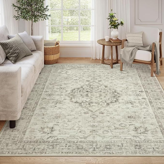 LIVEBOX Washable Area Rug 8x10 Rugs for Living Room Bedroom, Non-Slip Boho Indoor Carpet for Dining Room Office, Low-Pile Farmhouse Soft Carpets for Kids Nursery Room Playroom, Taupe