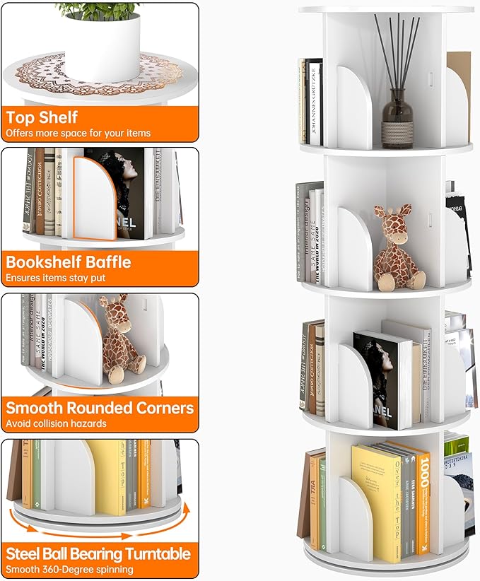 Rotating Bookshelf 4 Tier, 360 Degree Spinning Corner Bookcase with Lazy Susan, White Space Saving Tower Organizer for Small Spaces, Bedroom, Living Room, Adults & Kids