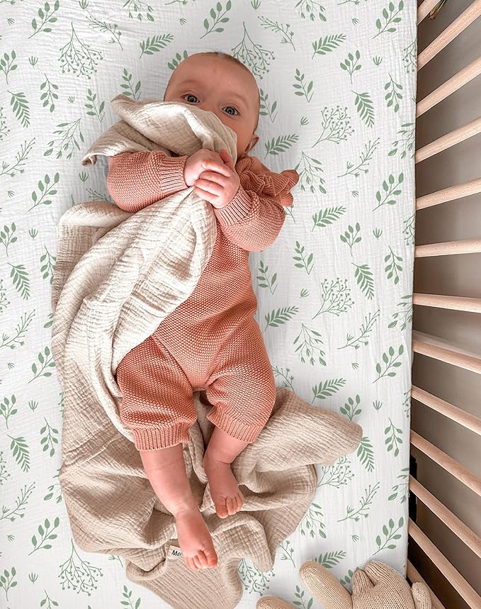 Bassinet Sheet for Baby Boy and Girl 2 Pack, Fitted Sheets for Rectangle, Oval, Hourglass Bassinet Mattress, Muslin Moses Basket Sheets with Neutral Style (Fern Leaf & Sage)