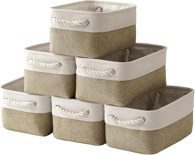 TcaFmac Storage Bins for Shelves - Small 6 Pack Collapsible Storage Basket for Organizing, Fabric Storage Cubes with Handle for Closet Cloth Toy Gift Kids (White & Khaki 11.8x7.8x5.2 inch)