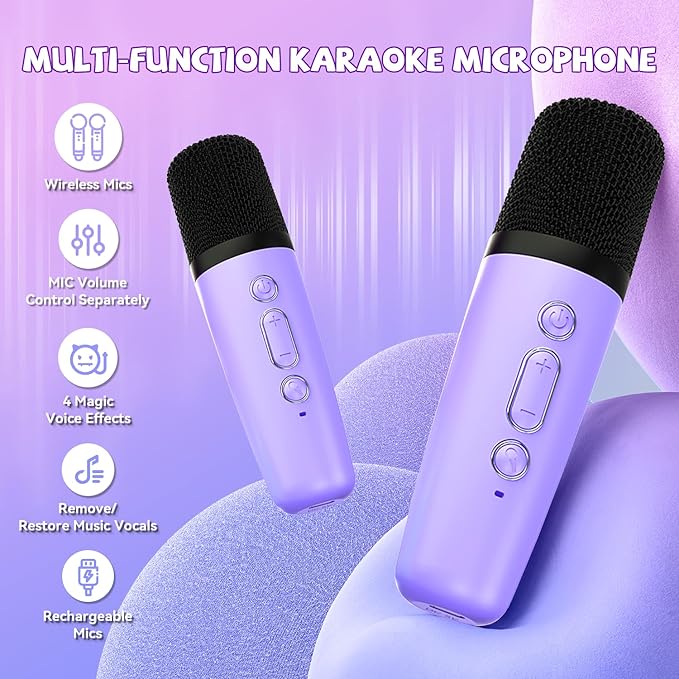 【2025 Newest】 Mini Karaoke Machine for Kids Girls & Boys - Portable Bluetooth Speaker with 2 Wireless Microphones - Kids Birthday Gifts for Ages 4-10 - Kids' Instrument Accessories - Purple