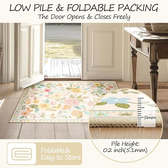 Floral 4x6 Area Rug Machine Washable Soft Print Boho Carpet Non Slip Doormat Low Pile Flower Area Rugs for Living Room Bedroom Nursery Kitchen Dining Room Indoor-Beige/White/Orange